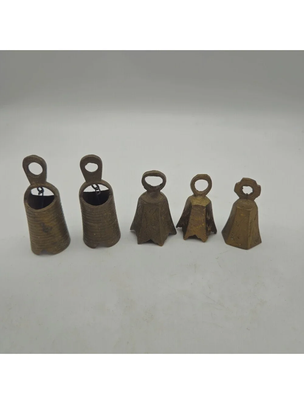 Vintage Lot Of 5 Brass Mini Bells Etched Ribbed India